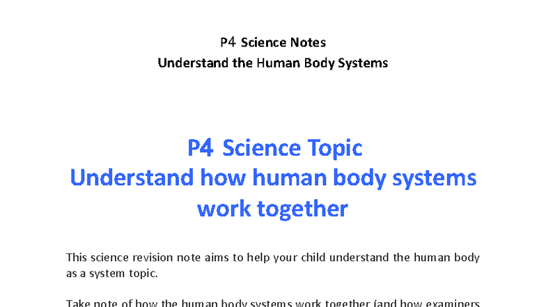 P4 Science Notes: Understanding Human Body Systems and Functions - Studocu