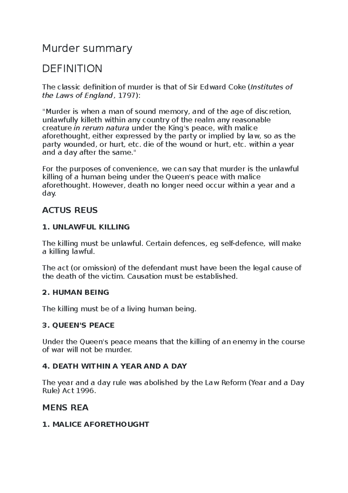 Murder Law Overview: Definitions, Elements, & Sentencing Details - Studocu