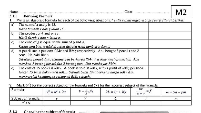 Mathematics F2 Chapter 3: Forming and Changing Formulas - Studocu