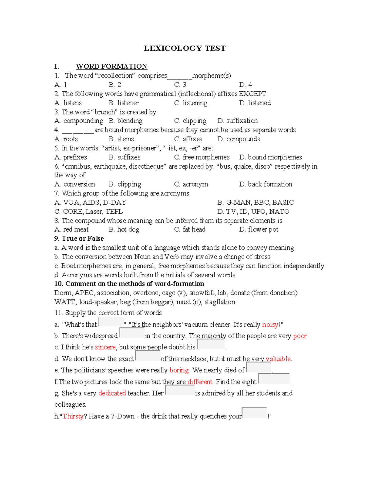 Lexicology Test I: Word Formation & Meaning Practice - Studocu