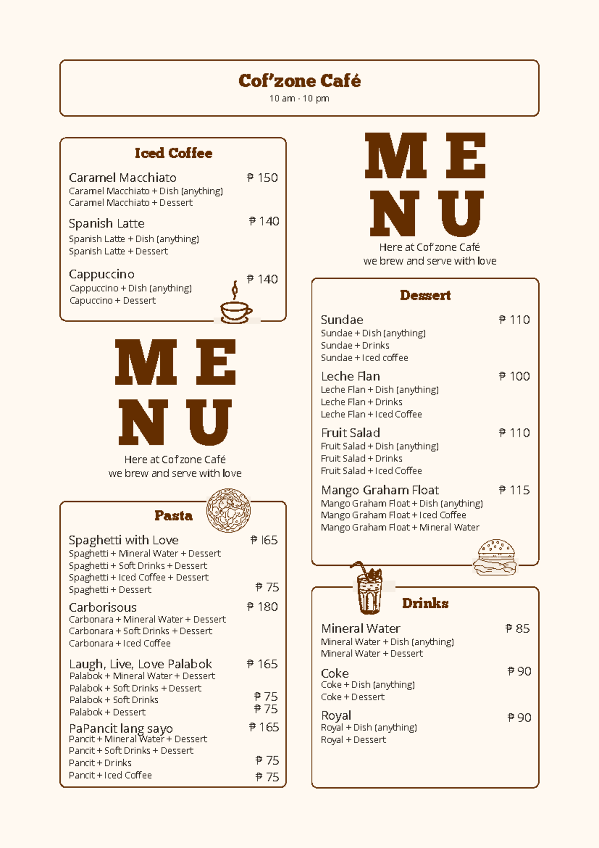 Cof’zone Café Menu: Pasta, Desserts, Drinks & Special Combos - Studocu