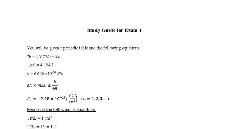 Study Guide for CHEM 101: Key Topics for Exam 1 - Studocu
