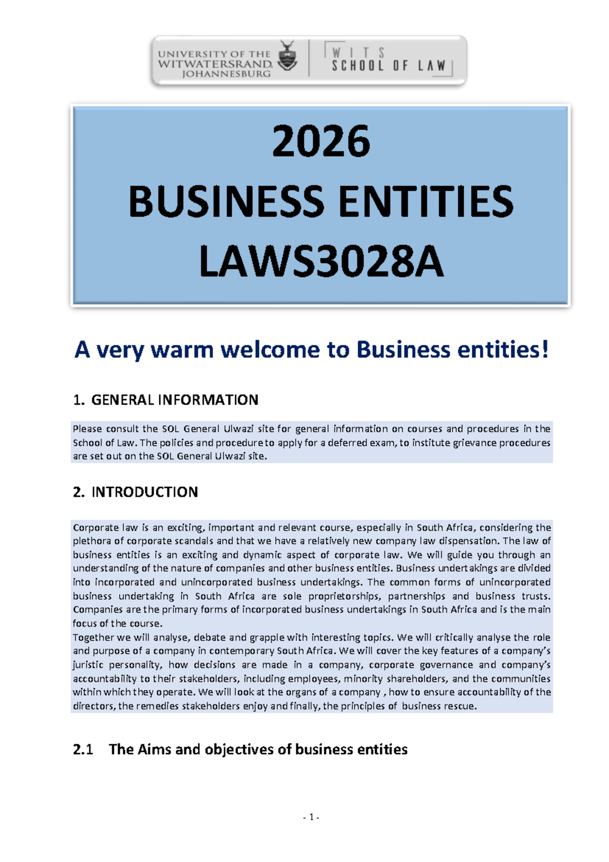 2026 BUSINESS ENTITIES LAWS3028A Course Outline and Overview - Studocu