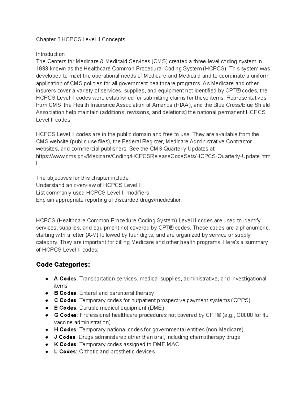 Chapter 6 HCPCS Level II Coding: Key Concepts and Applications - Studocu