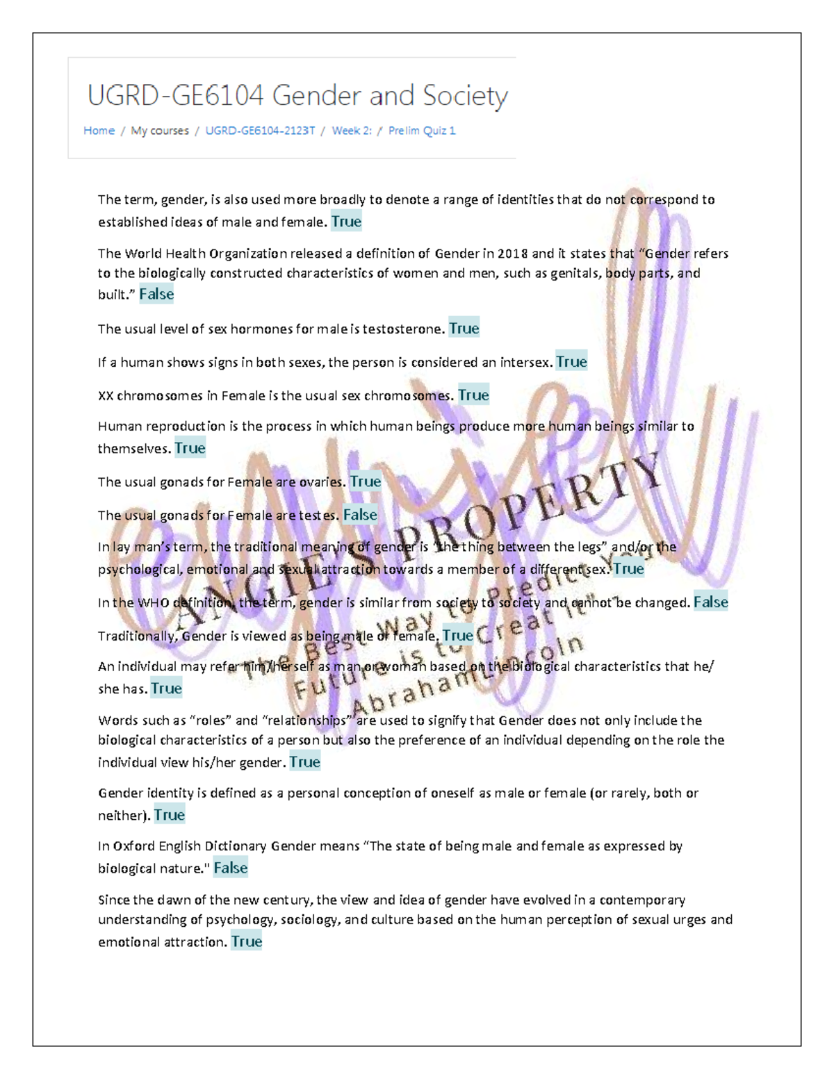 Gender Society [Prelim Quiz 1 & 2: True/False Statements Analysis ...