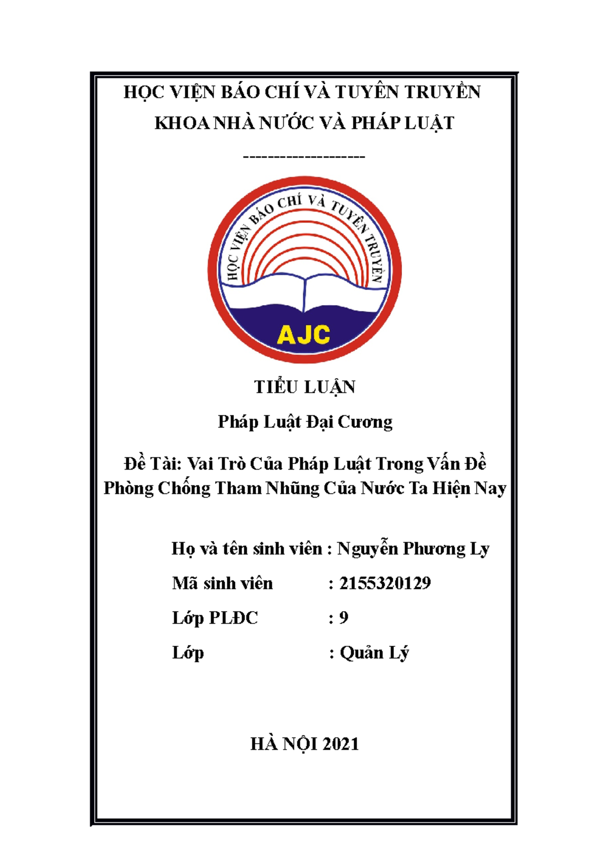 Tiểu luận PLĐC 9: Vai Trò Pháp Luật Trong PCTN Ở Việt Nam 2021 - Studocu
