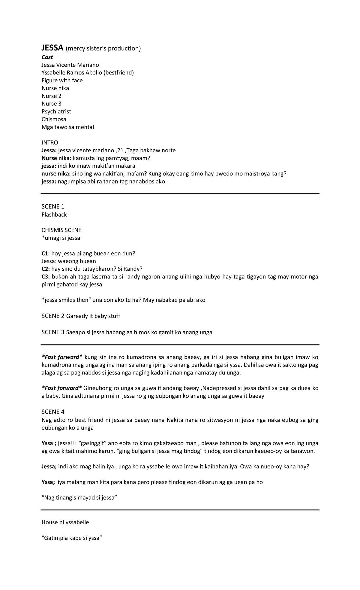 JESSA: A Mental Health Drama Script (CHAP 1 - Scene Breakdown) - Studocu