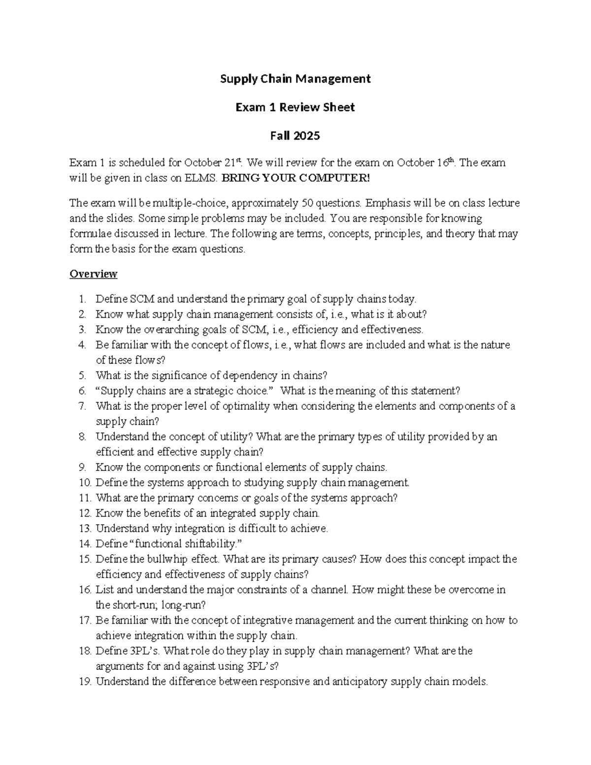 Supply Chain Management Exam 1 Review Sheet - Fall 2025 - Studocu