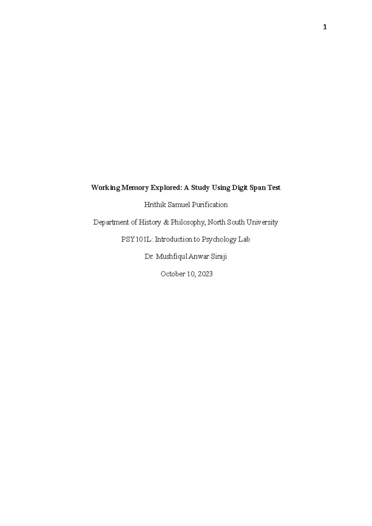 Psy101L Final Report: Working Memory & Digit Span Test Study - Studocu
