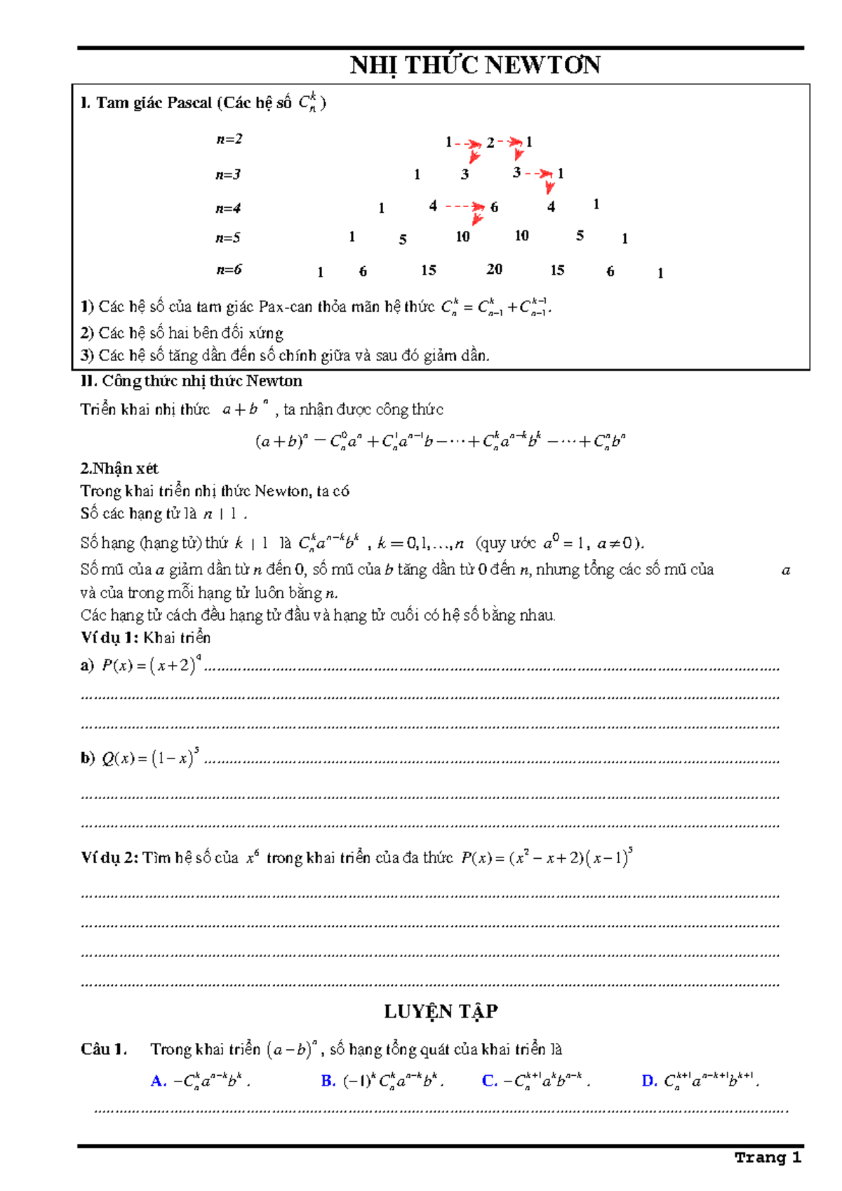 NHỊ THỨC NEWTON I: Tam giác Pascal và Công Thức Khai Triển (MATH101 ...