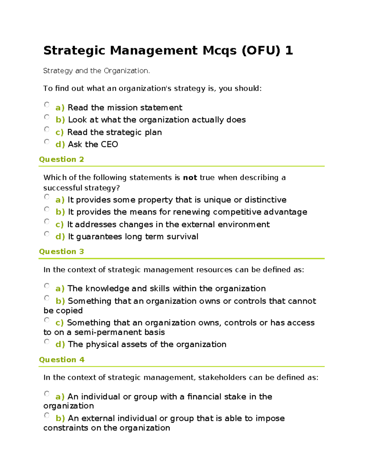 Strategic Management MCQs (OFU) - Practice Questions and Answers - Studocu
