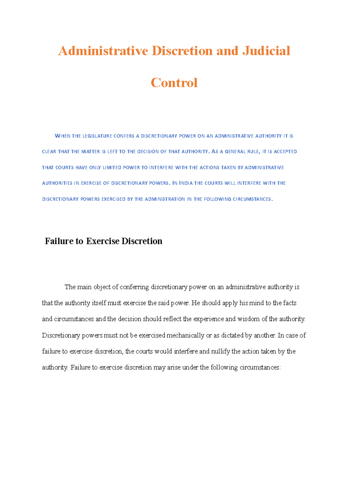 Administrative Discretion and Judicial Control-Failure to Exercise ...