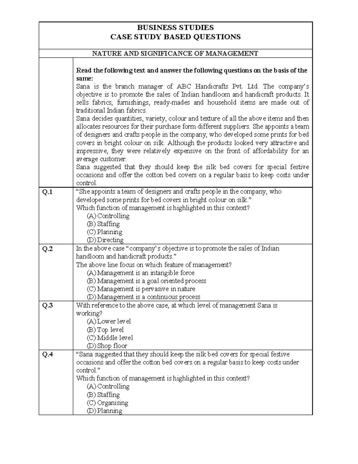 Business Studies - CBSE 12 Case Study Questions and Answers - Studocu