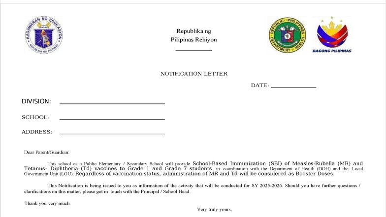 SBI Immunization Notification for Grade 1 & 7 Students SY 2025-2026 ...