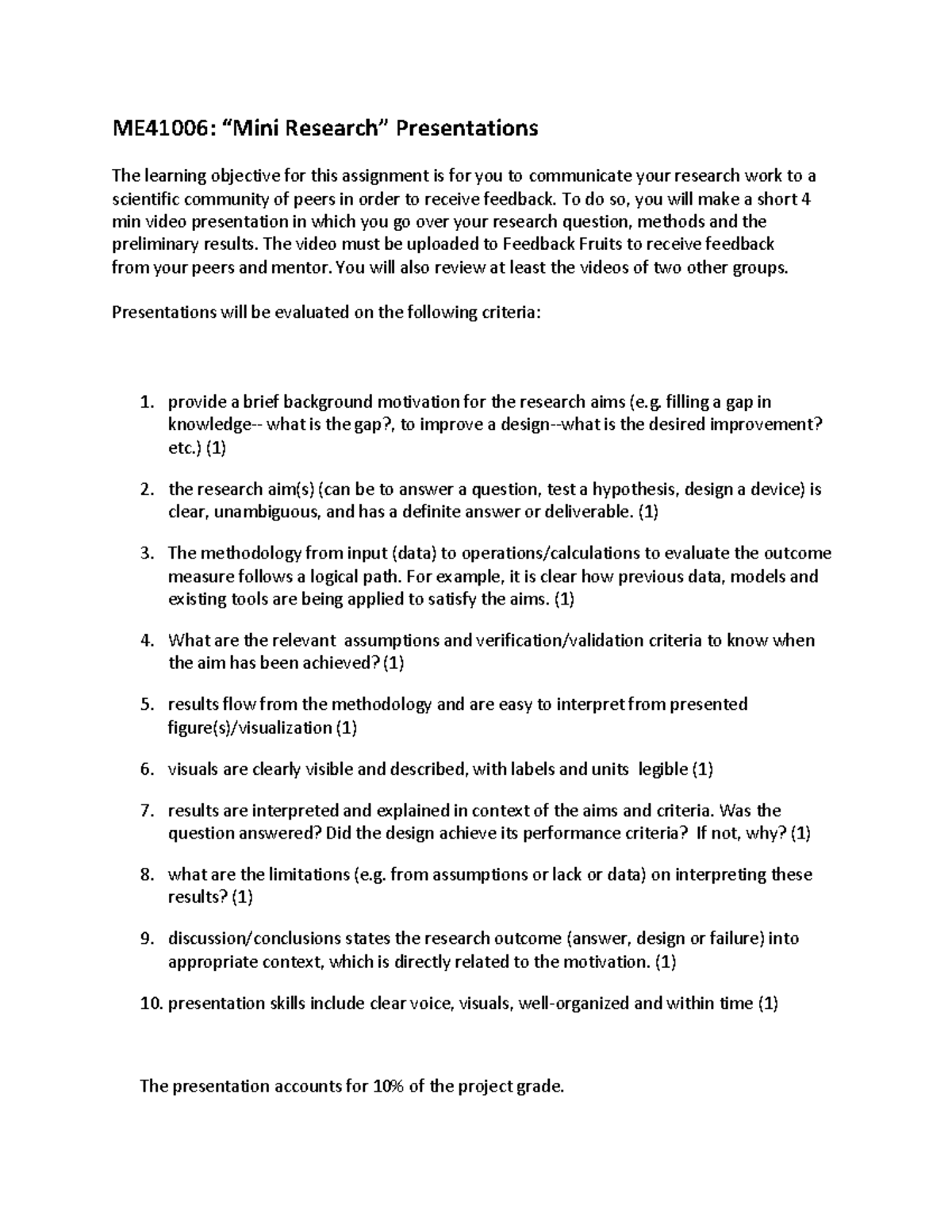 ME41006: Final Project Presentation Guidelines and Evaluation Criteria ...