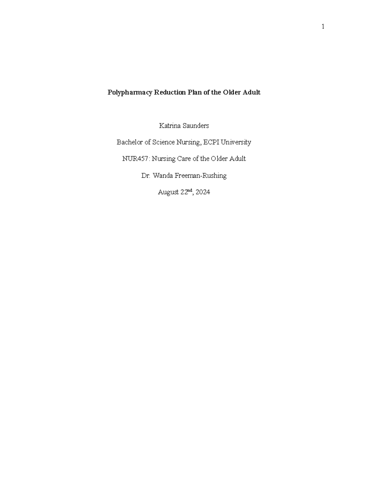 NUR457: Polypharmacy Reduction Plan for Older Adults - Paper - Studocu