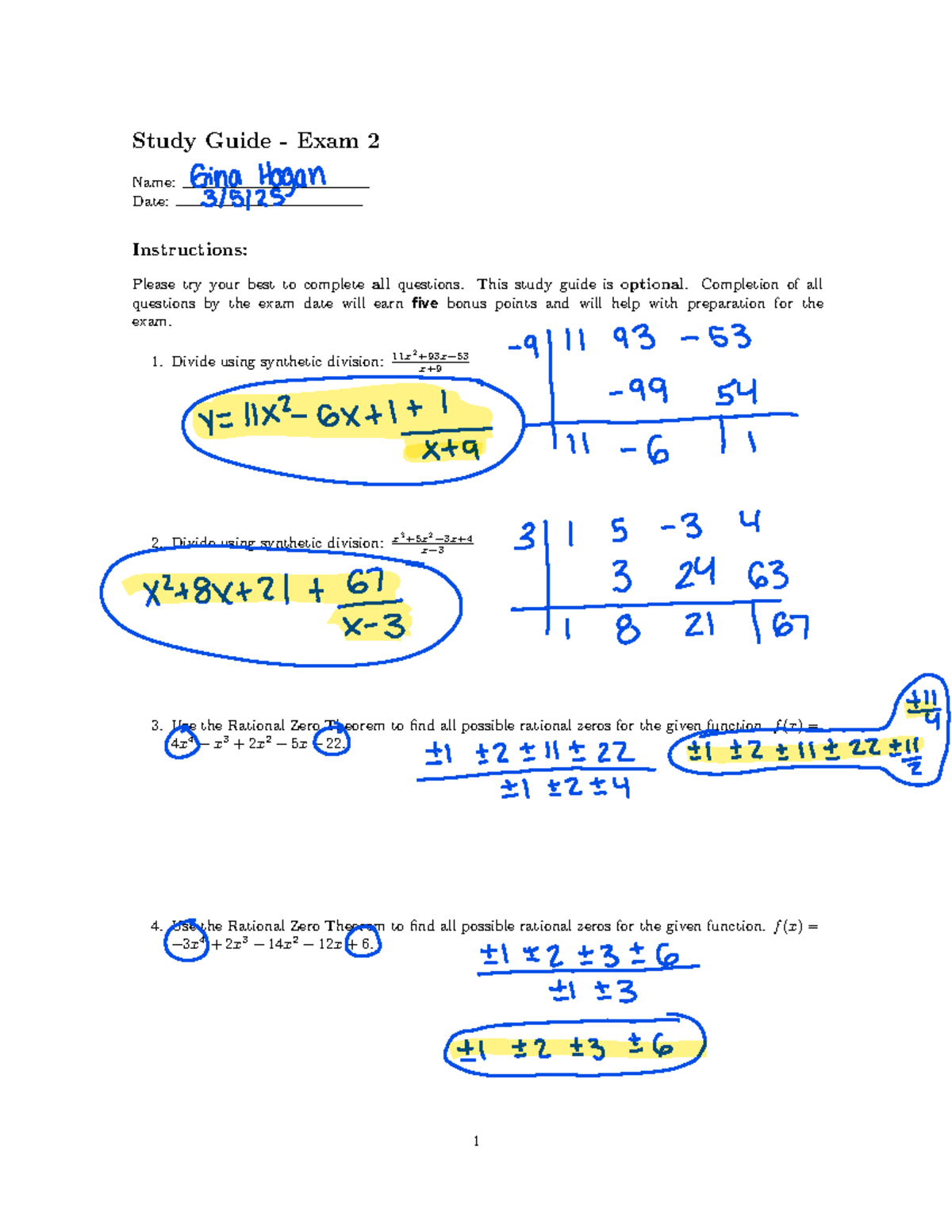 Exam 2 Study Guide - Study Name:Date: Guide - Exam 2 Instructions ...