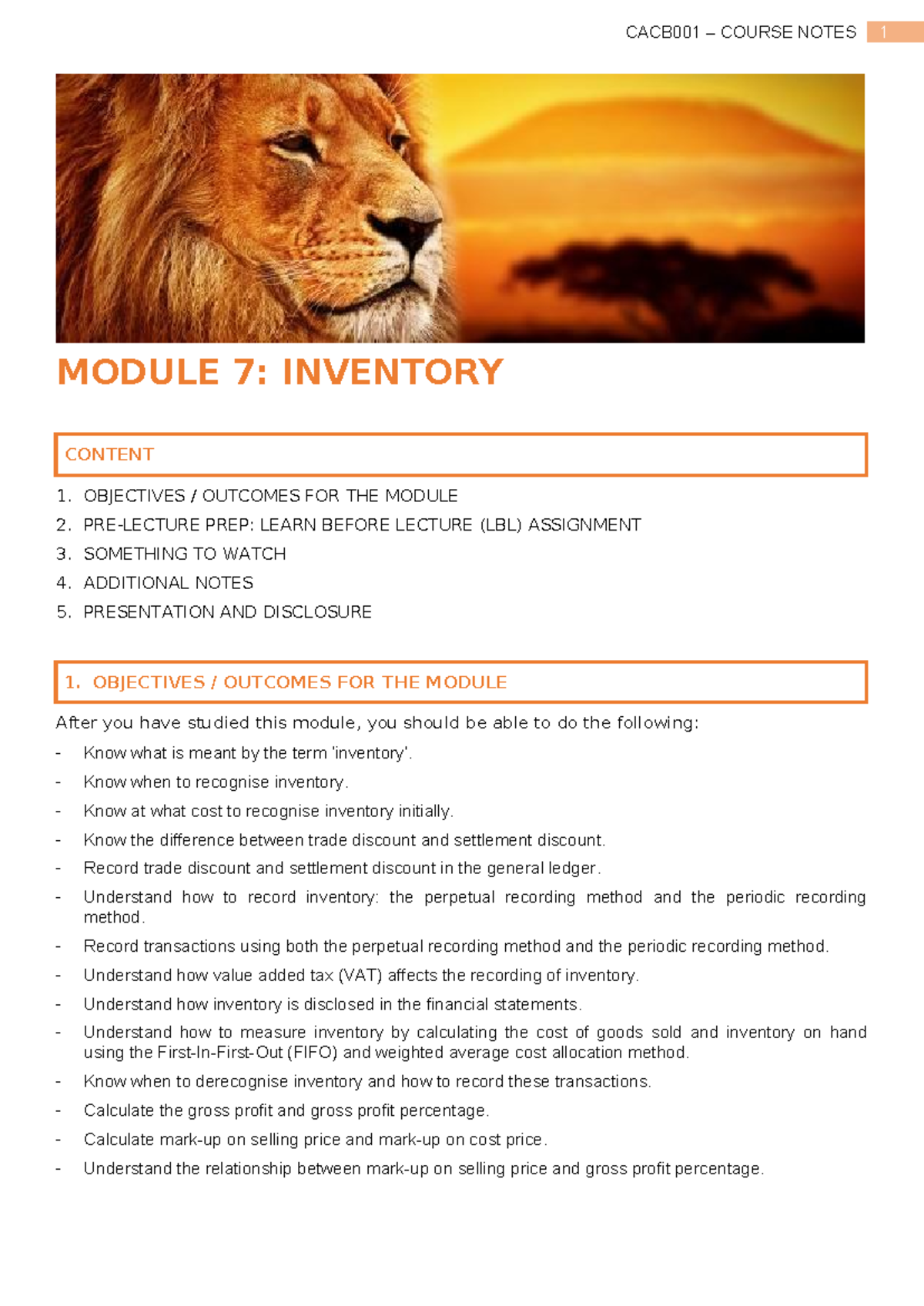CACB001 COURSE NOTES: MODULE 7 - INVENTORY OVERVIEW AND PREPARATION ...