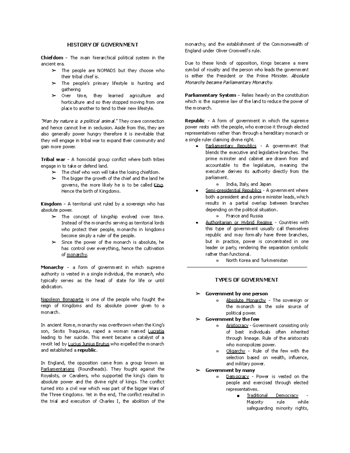 HIST 101: Overview of Government History and Types - Studocu