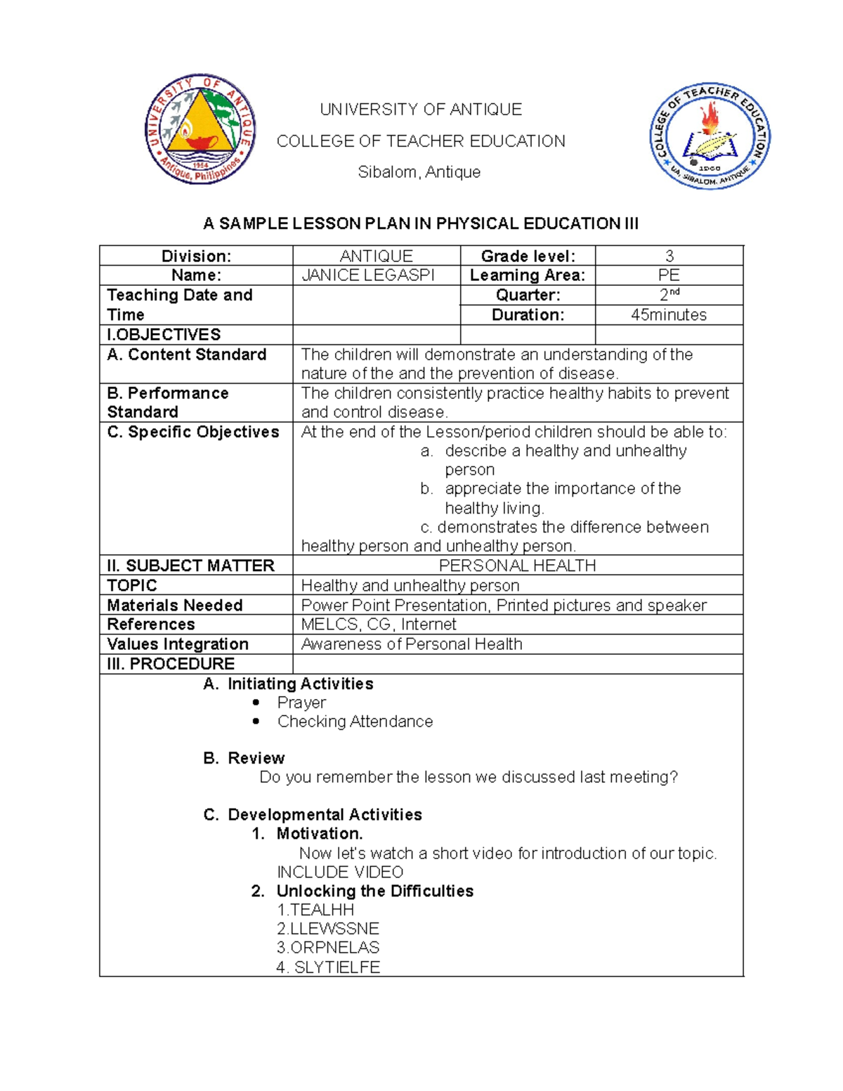 A Sample Lesson Plan in PE: Understanding Personal Health (PE 2) - Studocu