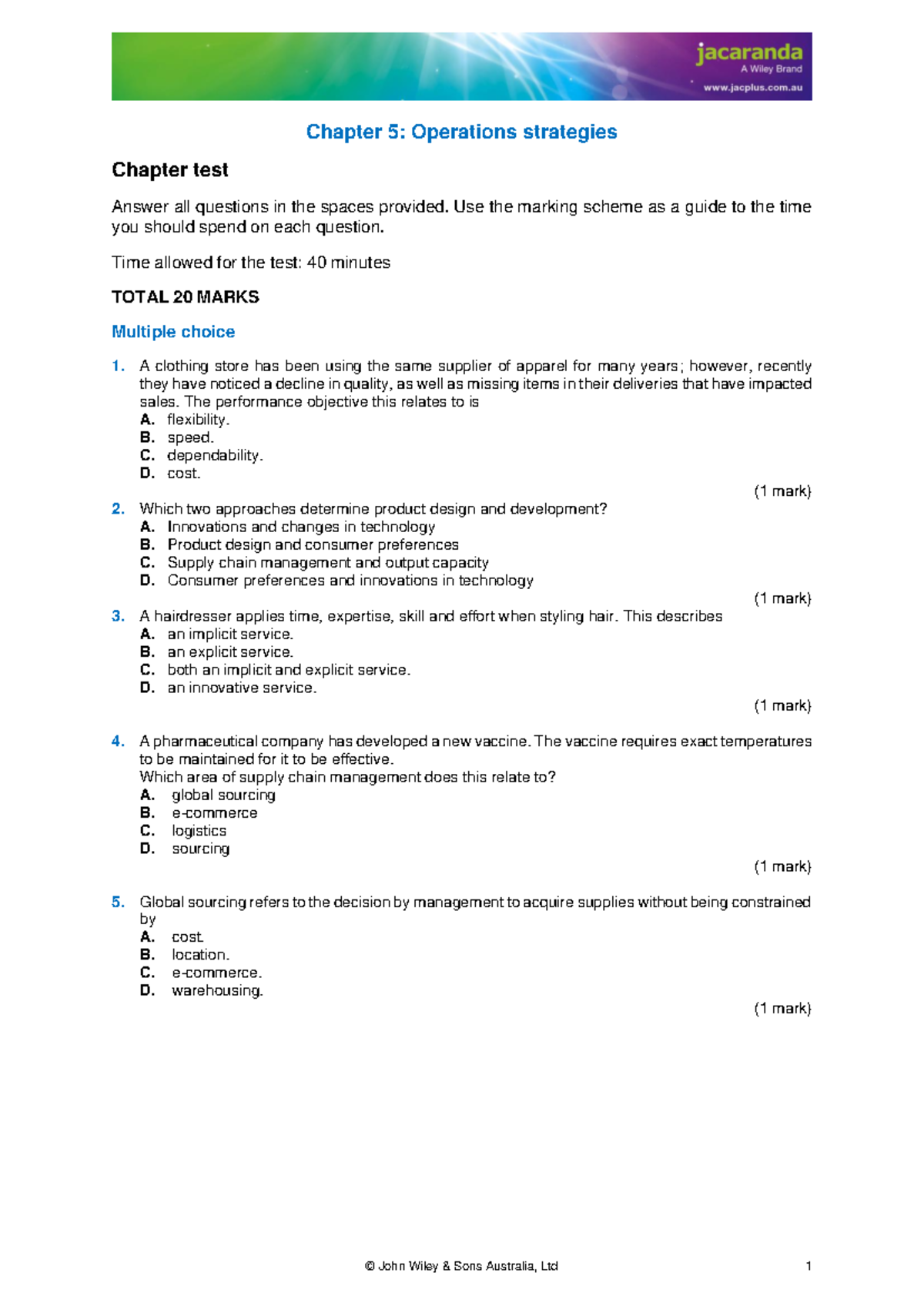 Chapter 5: Operations Strategies Test - Answer Key & Guidelines - Studocu