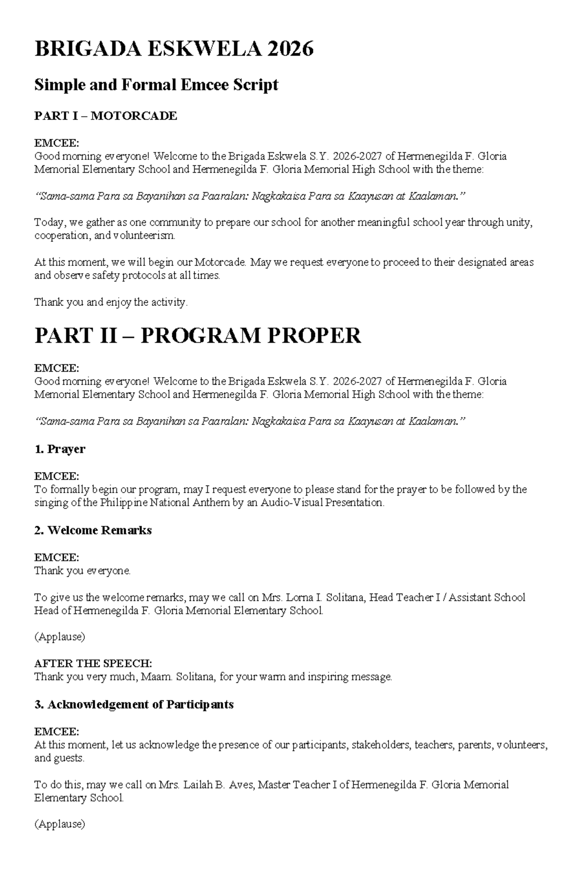 Brigada Eskwela 2026: Emcee Script for Motorcade & Program - Studocu