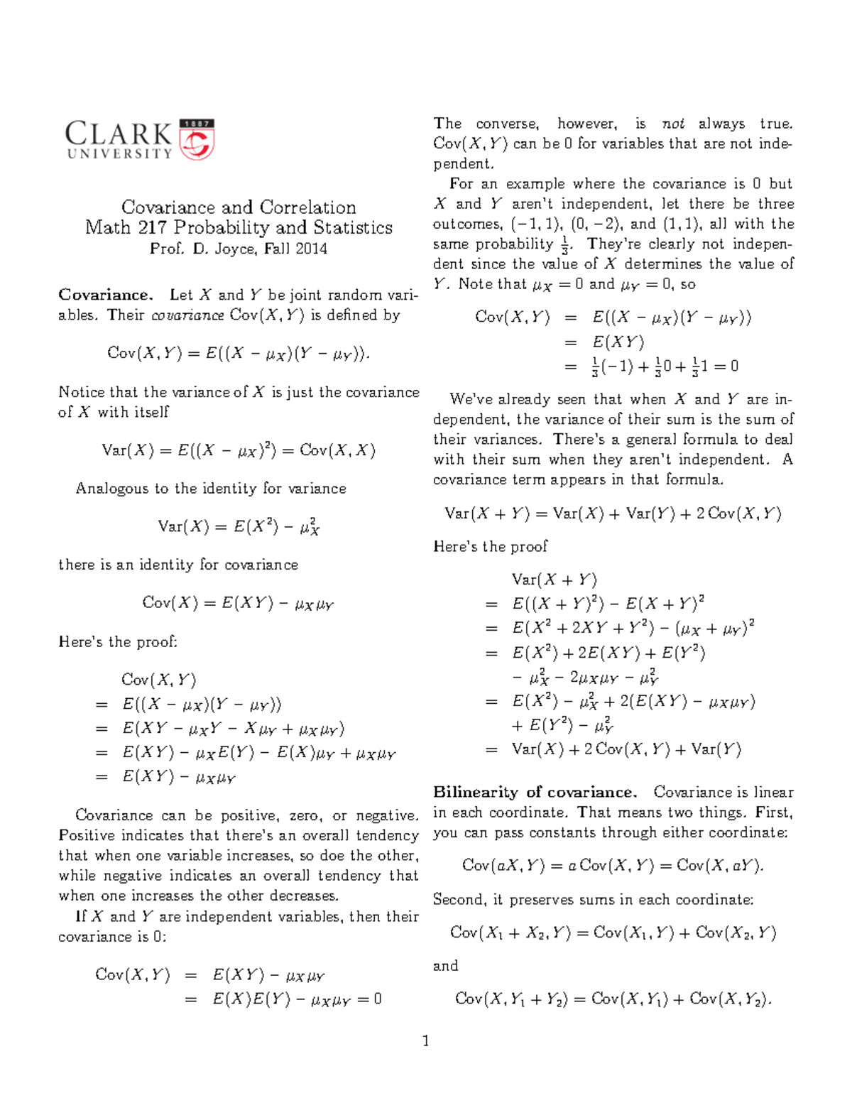 Math 217 Lecture Notes: Covariance & Correlation Concepts - Studocu