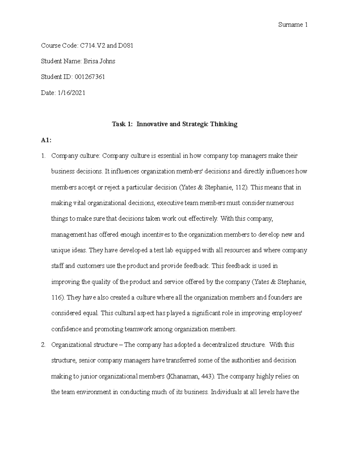 C714 & D Task 1: Strategies for Innovative Company Culture and ...
