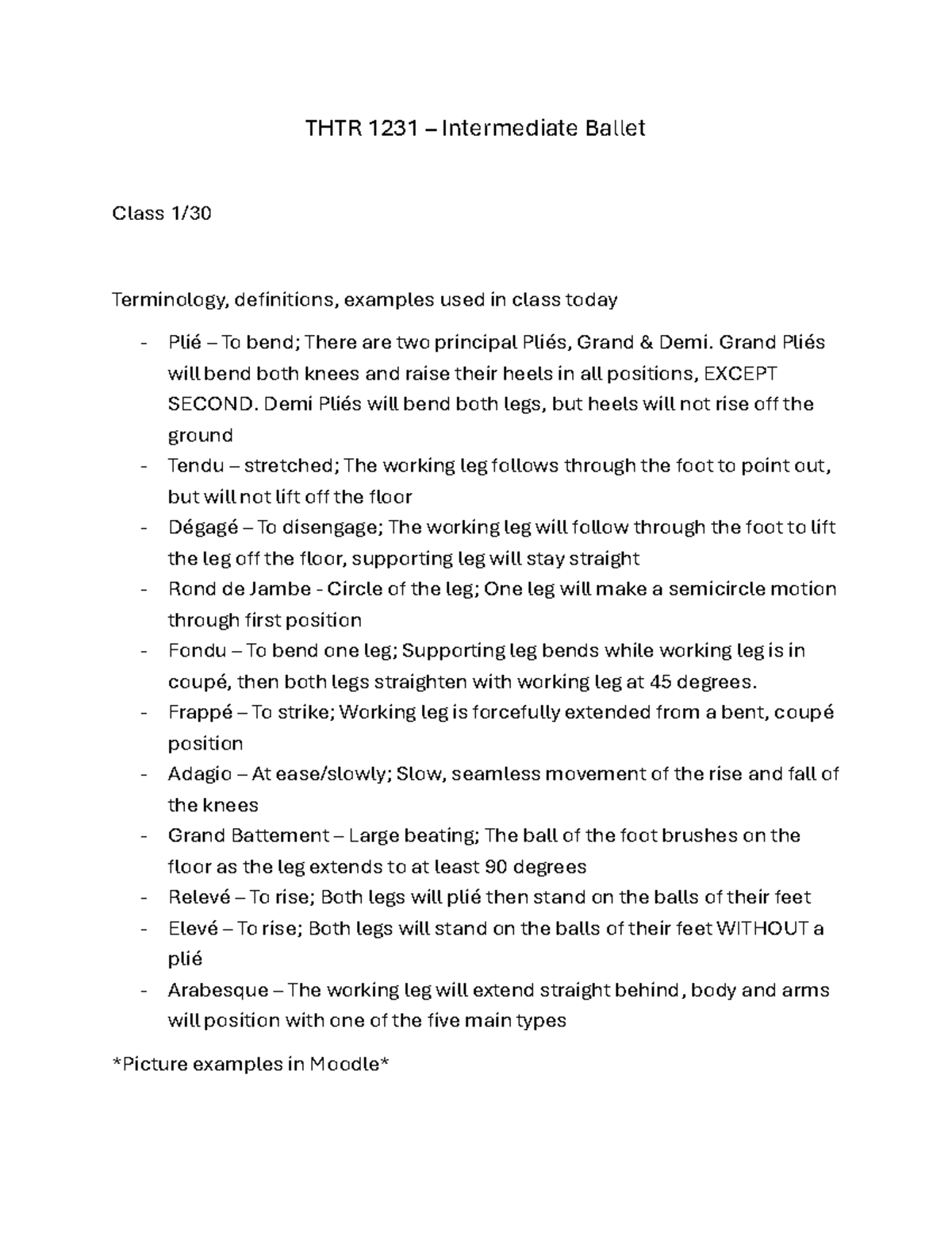 THTR 1231 - Intermediate Ballet Class Terminology and Definitions - Studocu