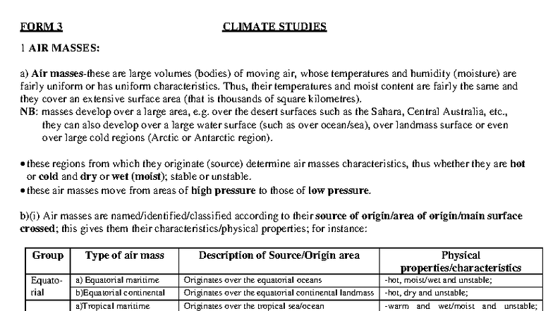 F3-4 Climate Studies: Air Masses & Their Impact on Weather - Studocu