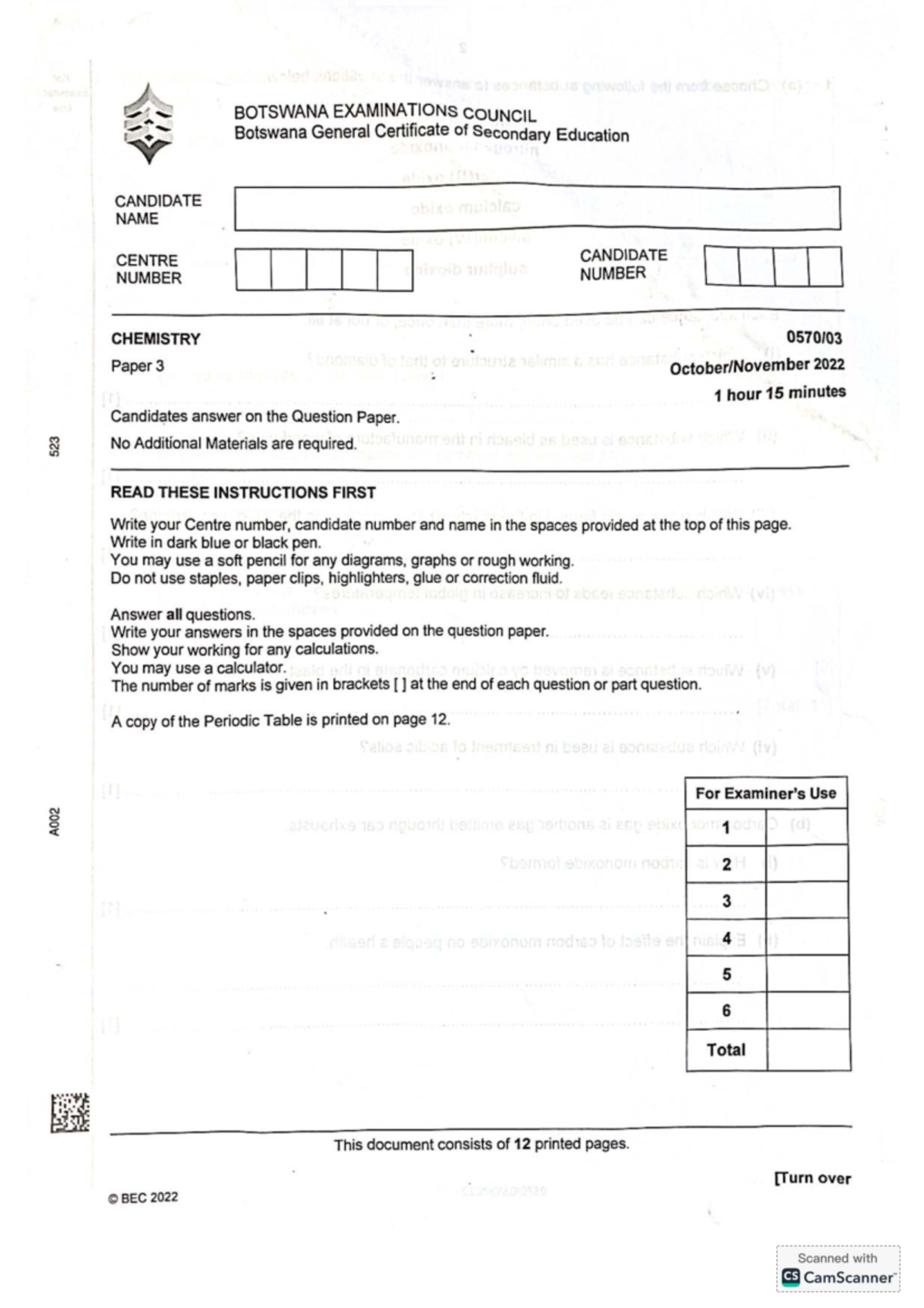 CHEMISTRY Paper 3 Exam 2022 - BEC 523 A002 - Studocu