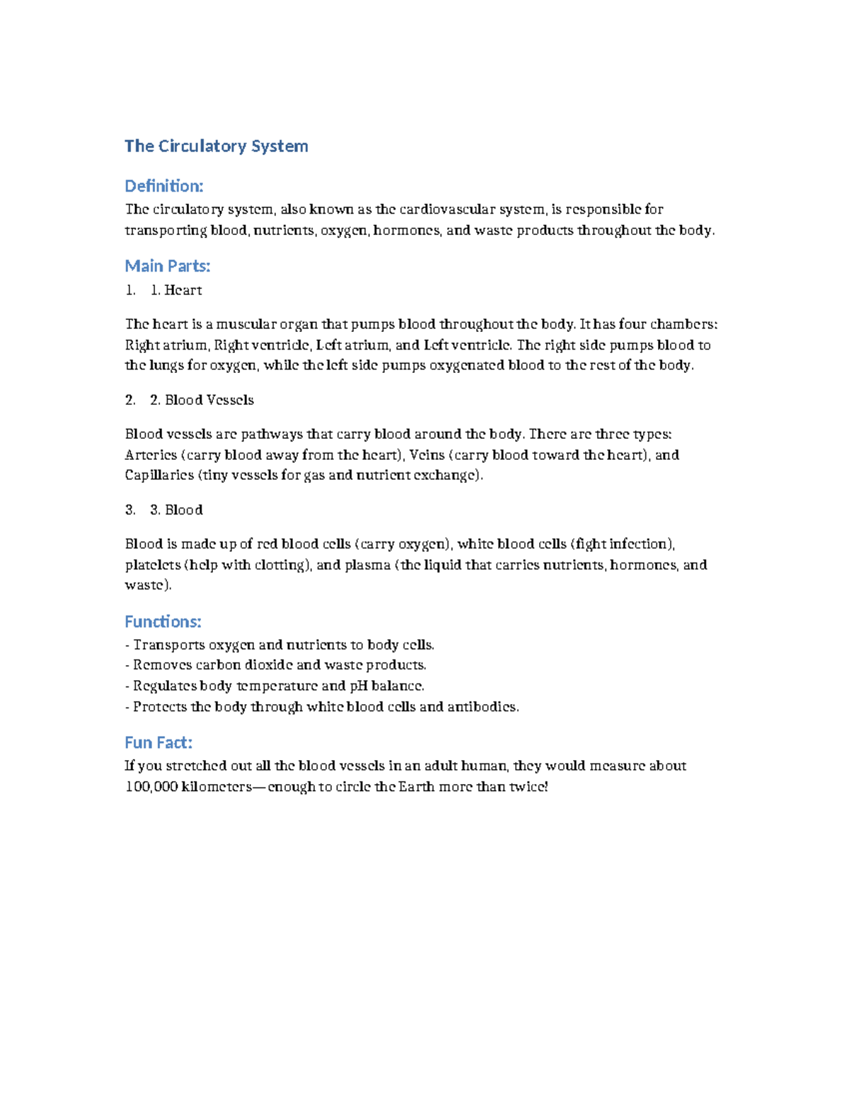 BIO101: Overview of the Circulatory System and Its Functions - Studocu