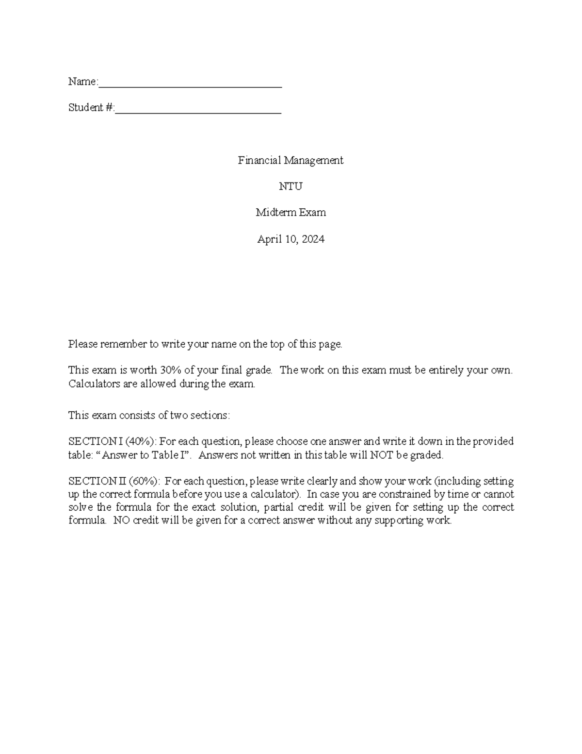 Midterm Exam Notes for Financial Management (2023) - NTU - Studocu