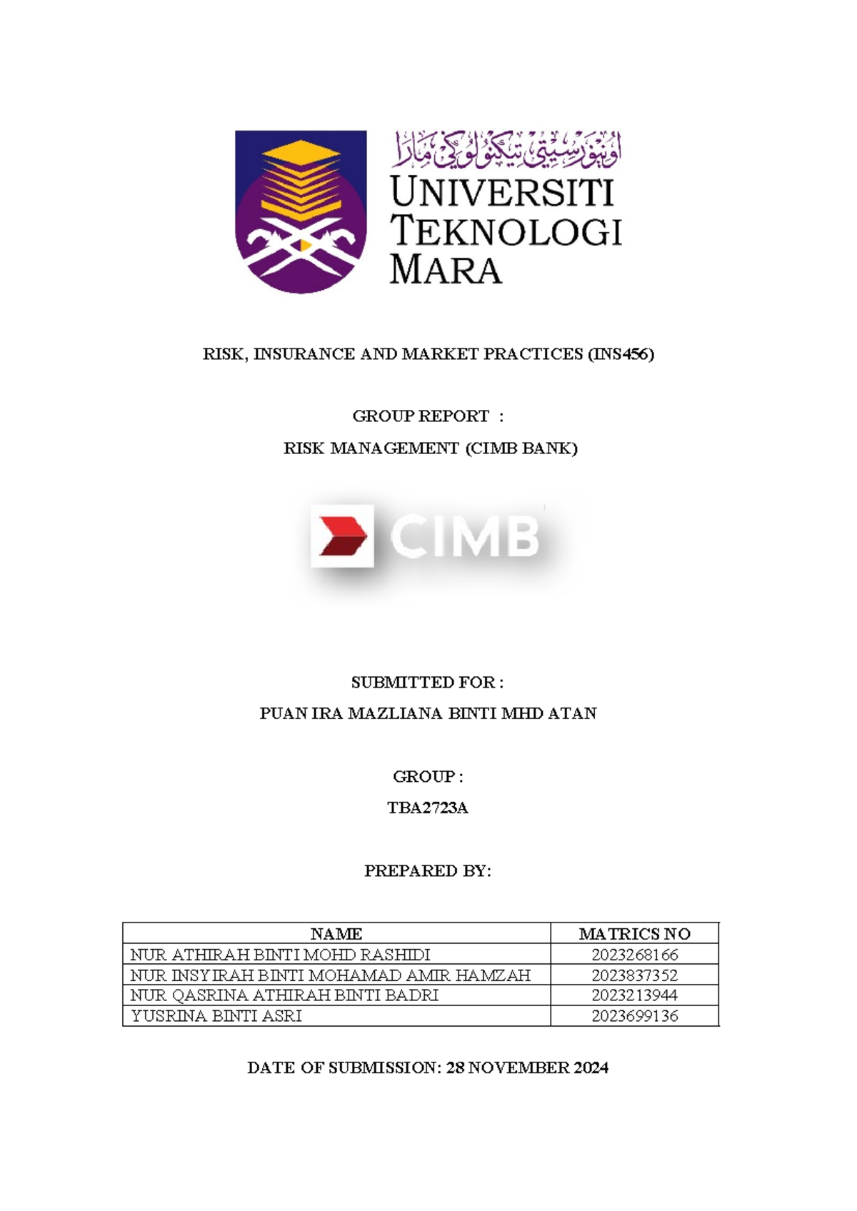 INS456 Group Report: Risk Management Practices at CIMB Bank - Studocu
