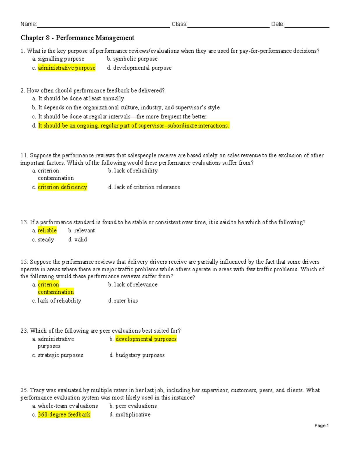 Chapter 8 Practice Questions on Performance Management (HR 101) - Studocu