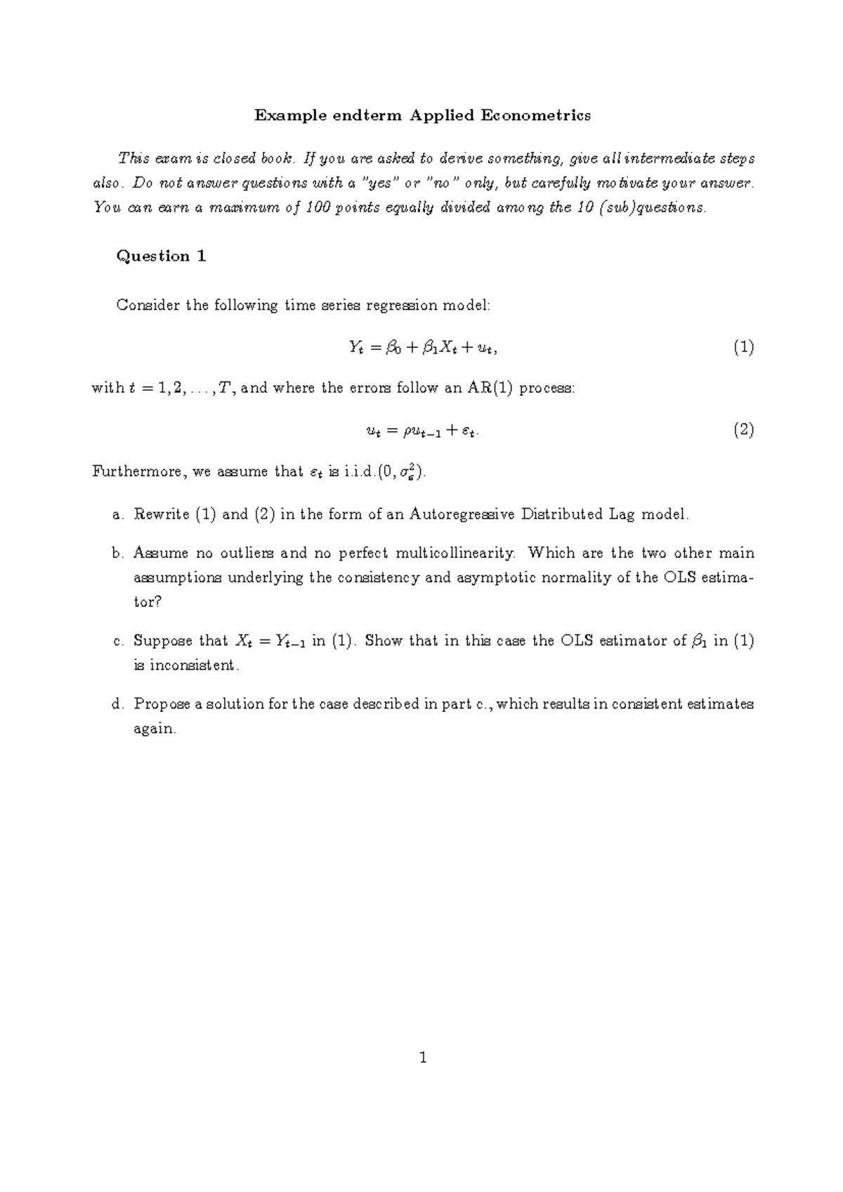 Final Exam Questions for Applied Econometrics (2014) - Studeersnel