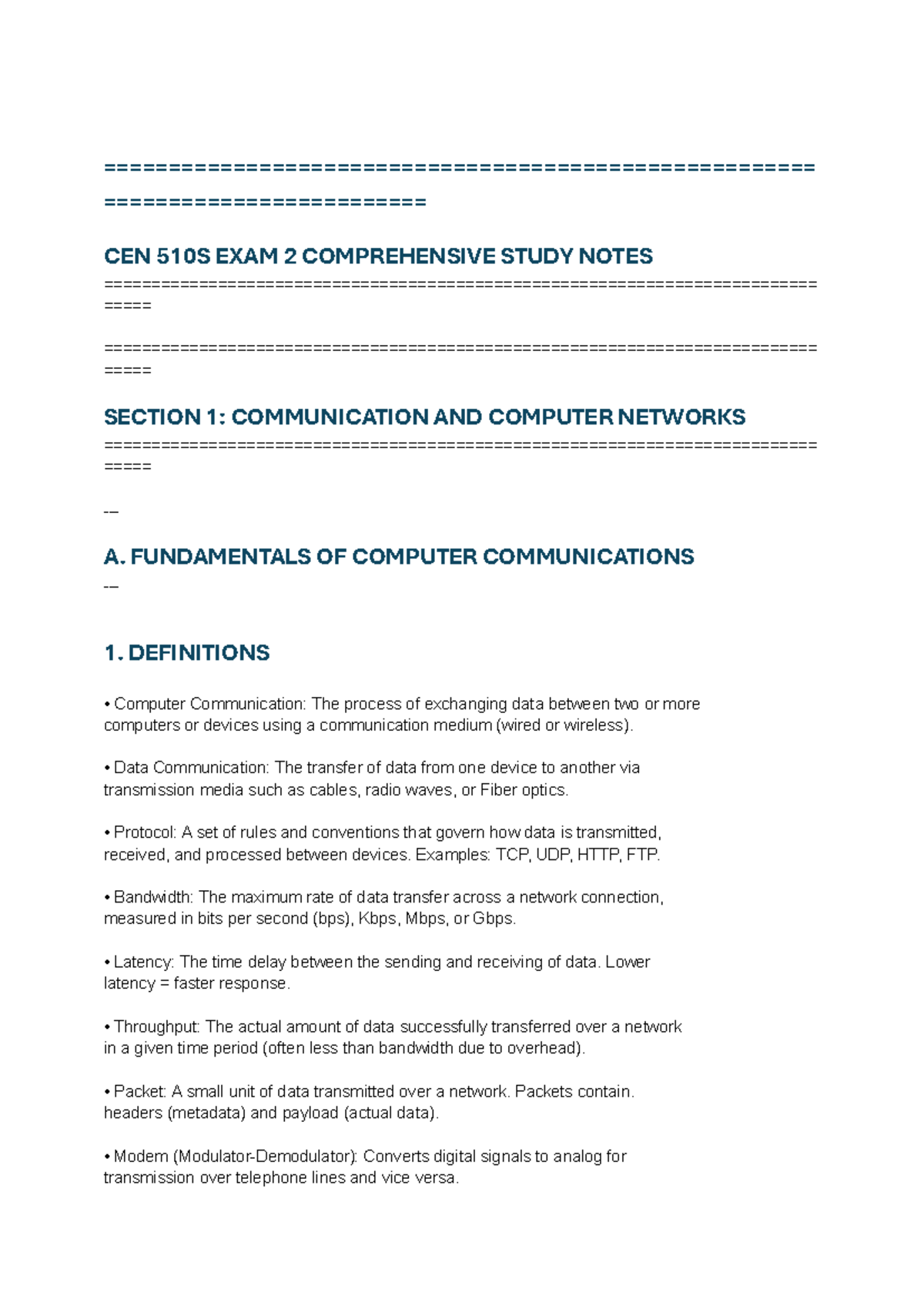 CEN 510S Exam 2 Comprehensive Study Notes - Studocu