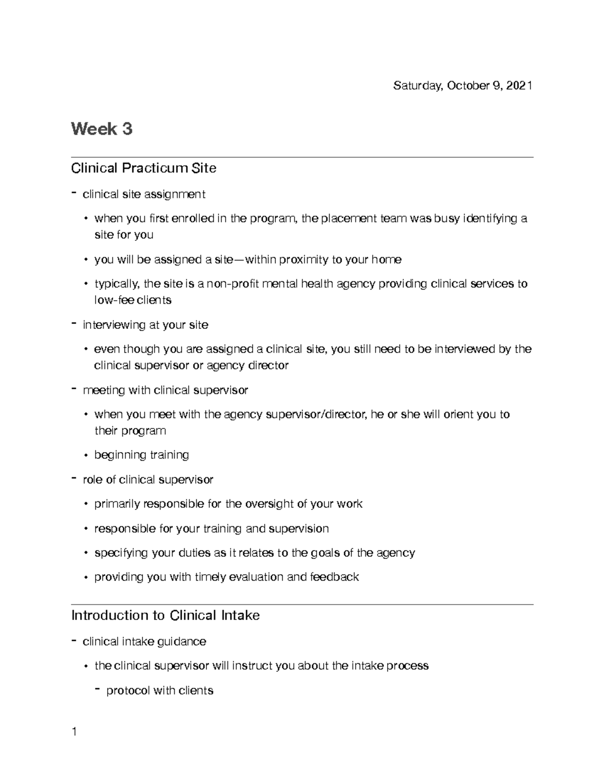 661 Week 3 - Clinical Practicum Lecture Notes and Guidance - Studocu