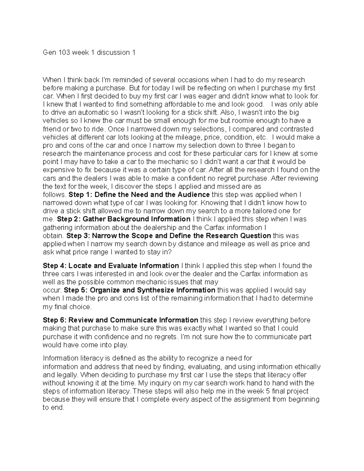 Gen 103 week 1 discussion 1 - Gen 103 week 1 discussion 1 When I think ...