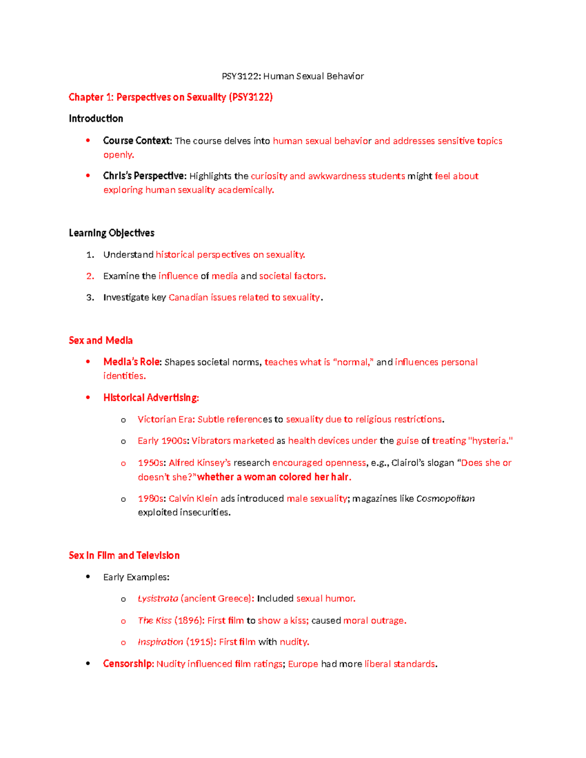 PSY3122: Human Sexual Behavior Lecture Notes and Key Concepts - Studocu