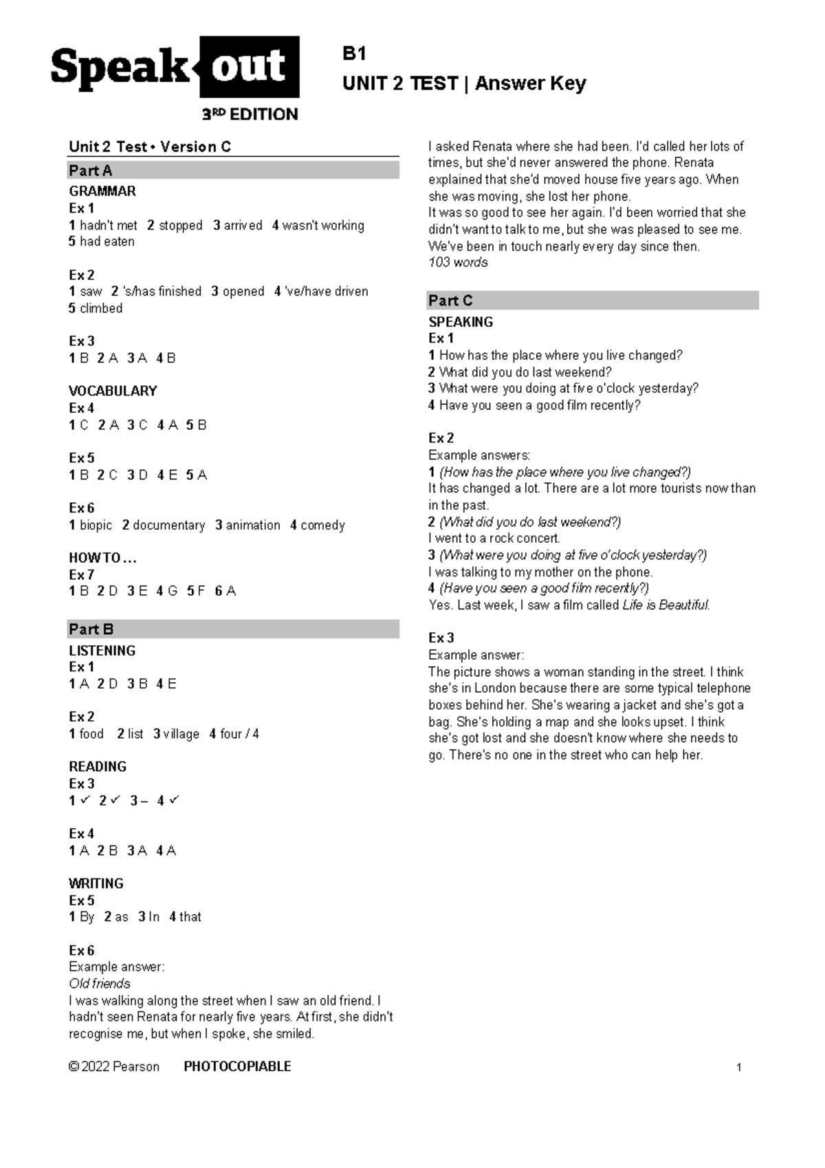 SO3 B1 Unit Test U2C Answer Key - © 2022 Pearson PHOTOCOPIABLE 1 B UNIT ...