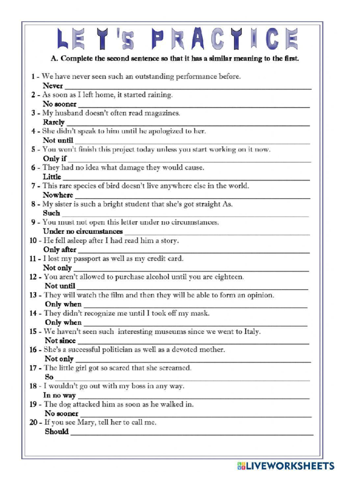 Worksheet 1925113 - Practice on Sentence Transformation and Grammar ...