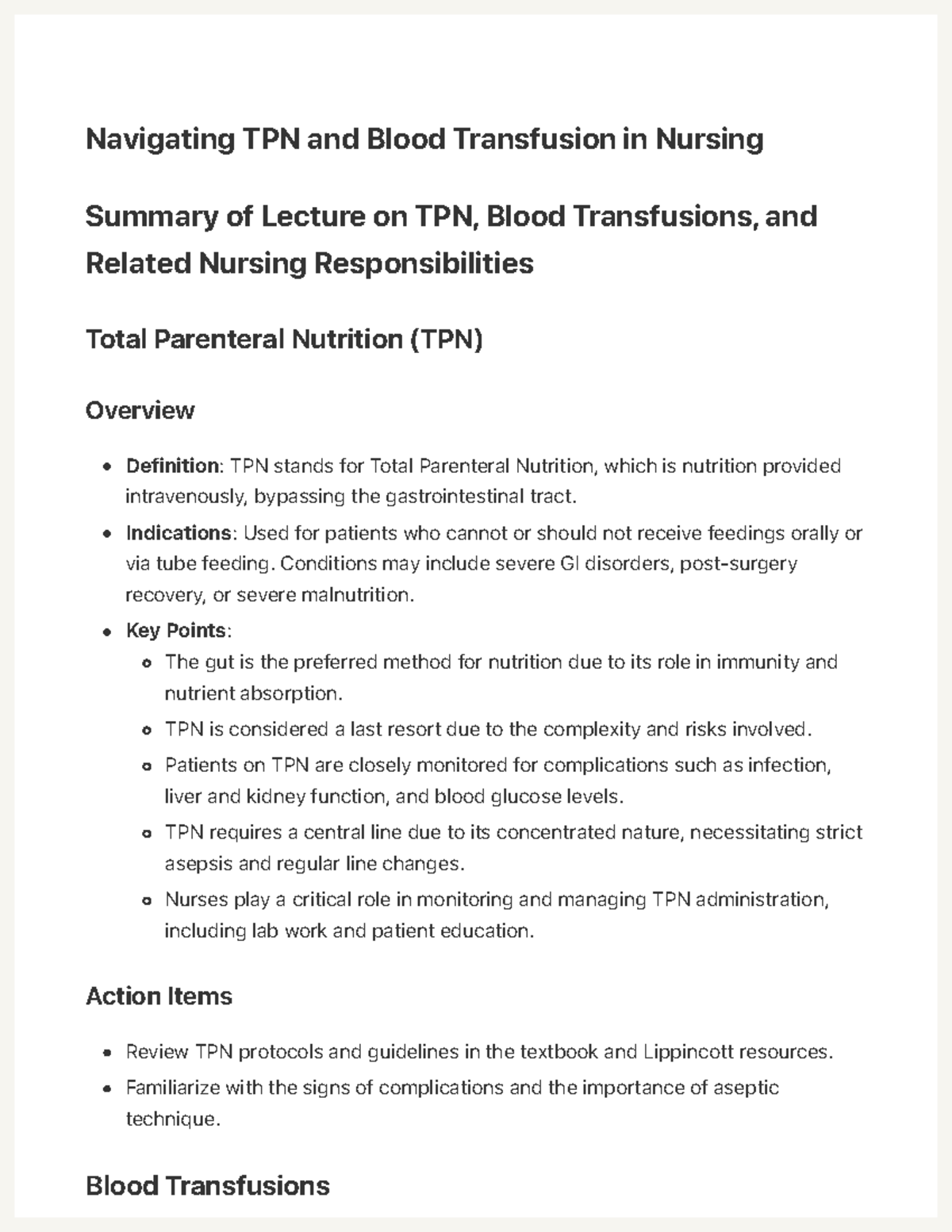NUR 310 Final Exam Notes: TPN & Blood Transfusion Essentials - Studocu