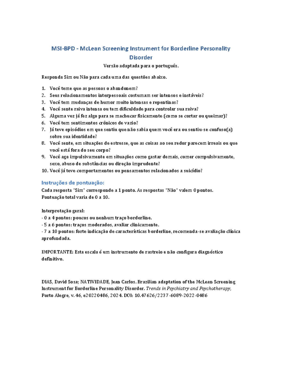 MSI BPD Brasil: Instrumento de Triagem para Transtorno de Personalidade ...