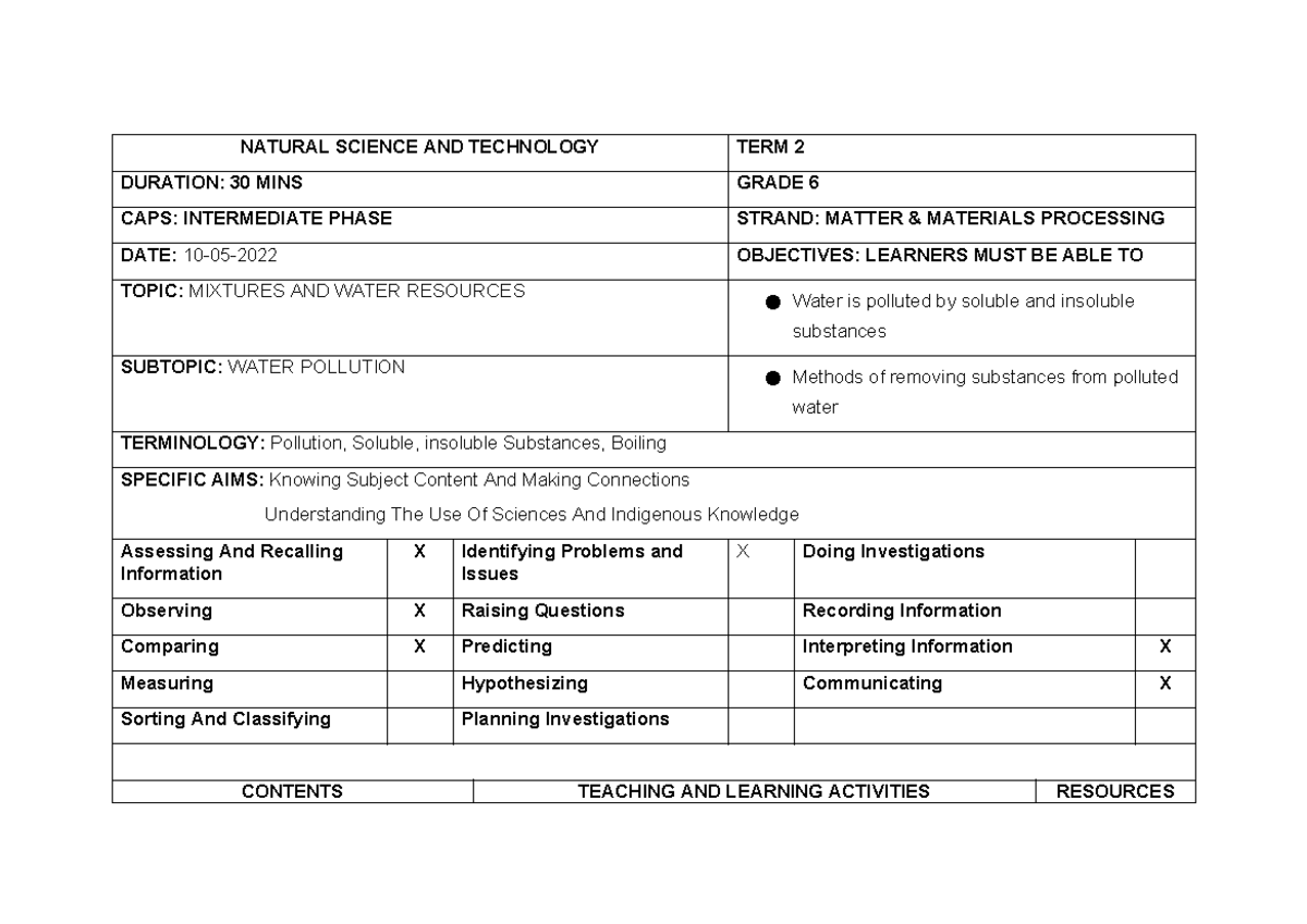NST Grade 6 Term 2 Lesson Plan: Water Pollution & Mixtures - Studocu