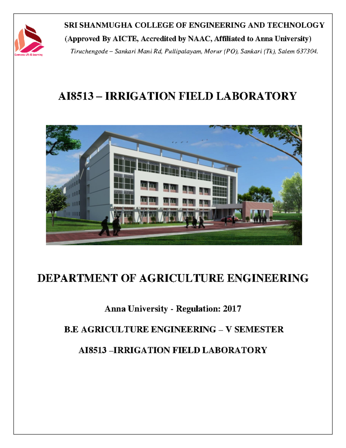 AI8513 Irrigation Field Laboratory Record Notes for B.E. Agriculture ...