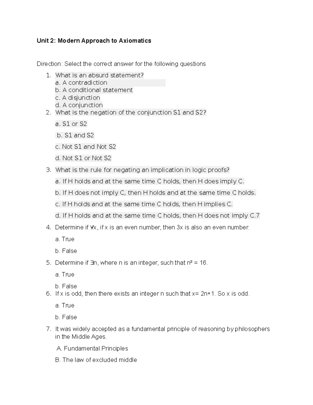 Unit 2 - Modern Approach to Axiomatics Quiz Questions - Studocu