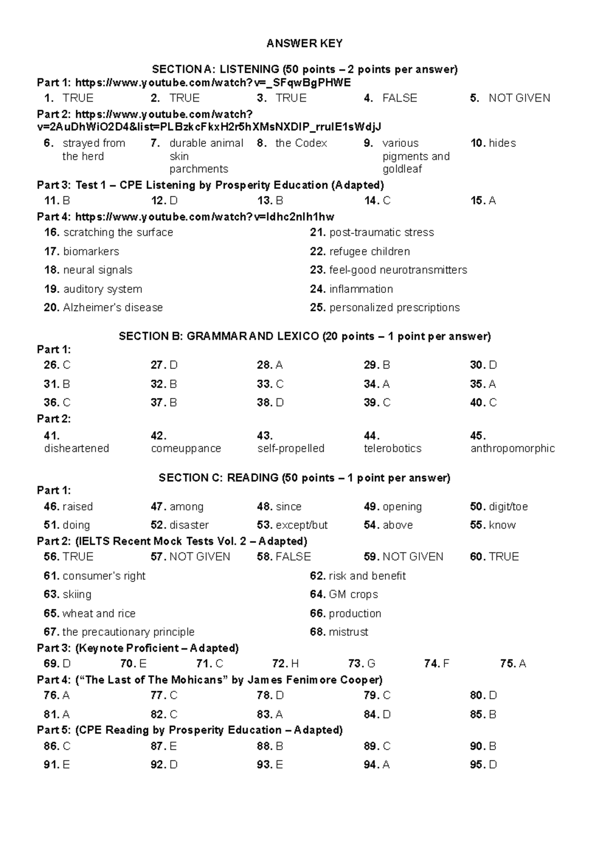 CPE Listening & Reading Answer Key: Đáp Án Đề Đề Xuất C10 - Studocu