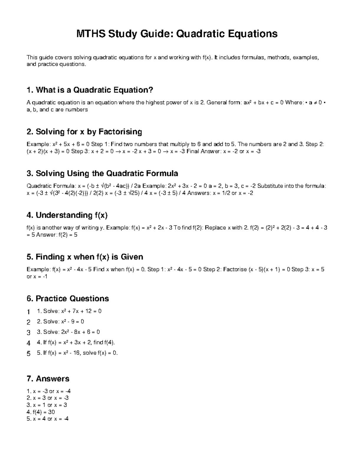 MTHS Study Guide: Solving Quadratic Equations and f(x) - Studocu