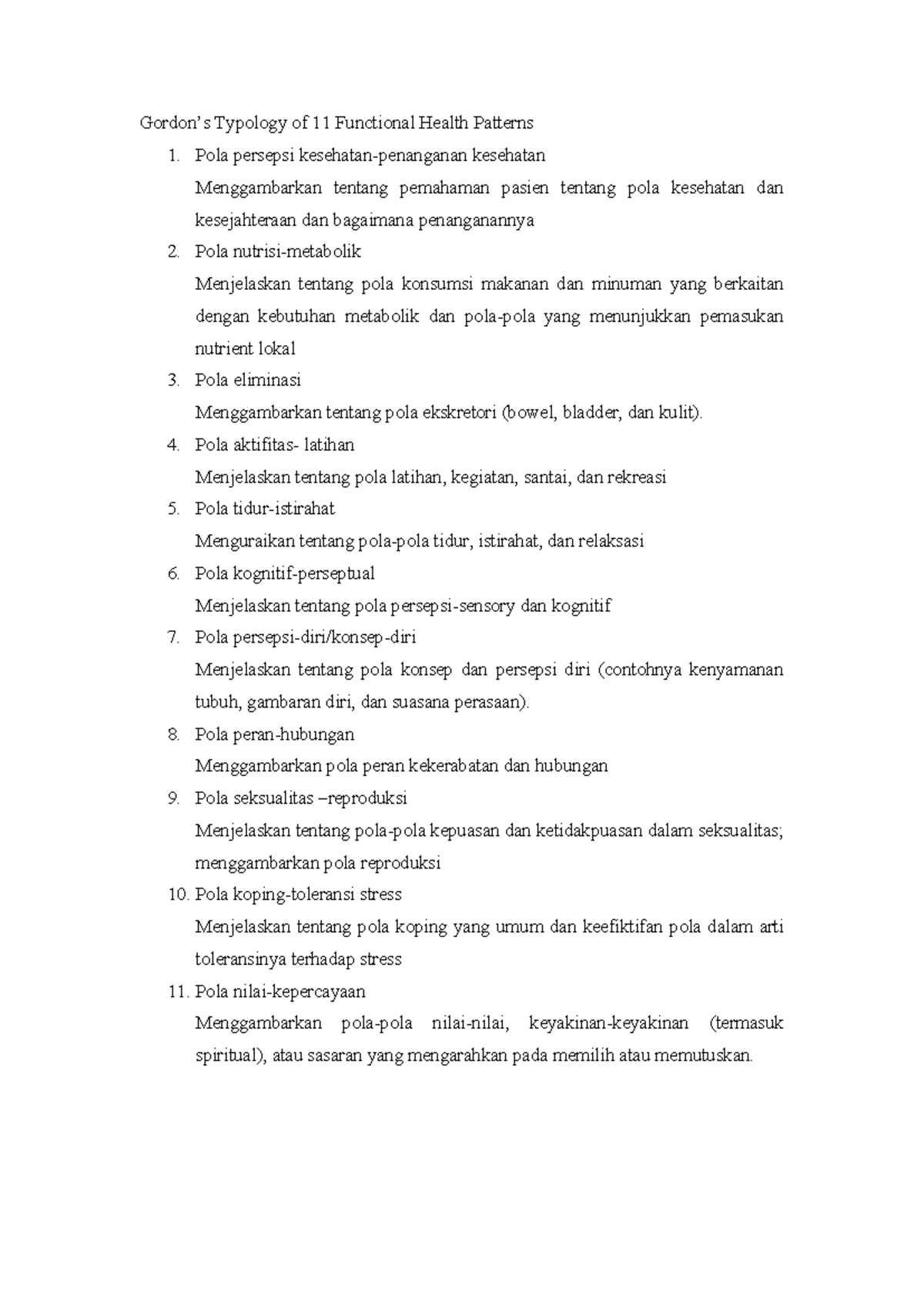 Typology of 11 Functional Health Patterns - Gordon's Framework - Studocu
